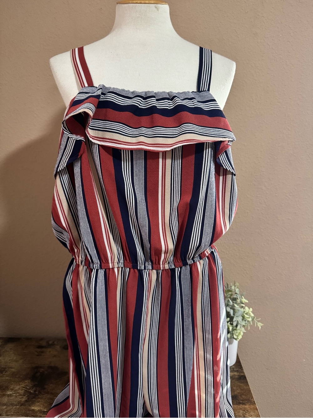 No Boundaries Burgandy Red, Navy & White Striped Ruffle Jumpsuit